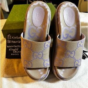 Gucci jumbo GG platform slide sandal women’s size 39 brand new box beige lapis